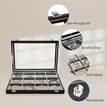 Stratalife 12 Grid Bracelet Jewelry Box, Bangle Holder Organizer with Lid - color: Gray-Black, size: 12 Grid