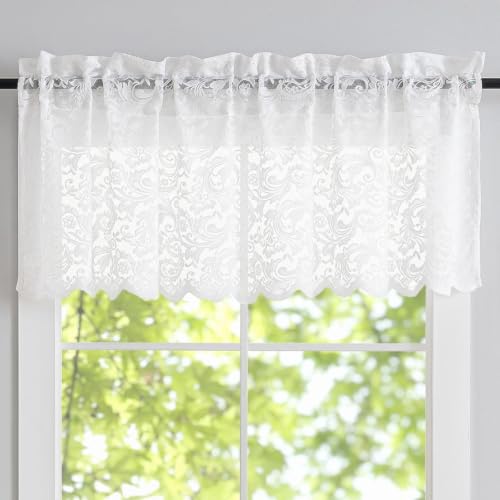 ALIGOGO Lace Kitchen Valances for Windows 18 Inch Length Vintage Floral Sheer Kitchen Curtains Small Window Valance for Living Room Bedroom Bathroom RV Camper Cabinet Boho Decor Single White - color: White 1, size: 52"W x 18"L (Pack of 1)
