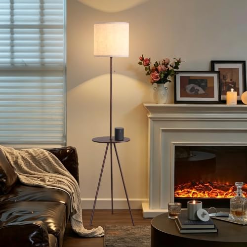 Floor Lamp with Table Attached, Linen Shade, Standing Lamp for Living Room - color: Brown
