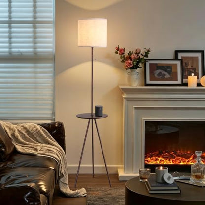 Floor Lamp with Table Attached, Linen Shade, Standing Lamp for Living Room - color: Brown