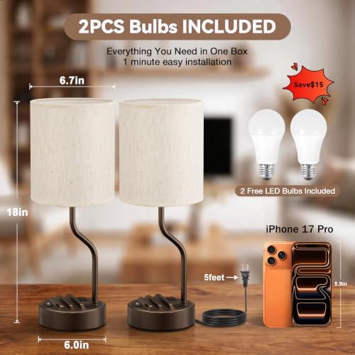 Fenmzee Bedside Lamps for Bedroom Set of 2-18" Brown Table Lamp for Desk - color: Cream & Coffee
