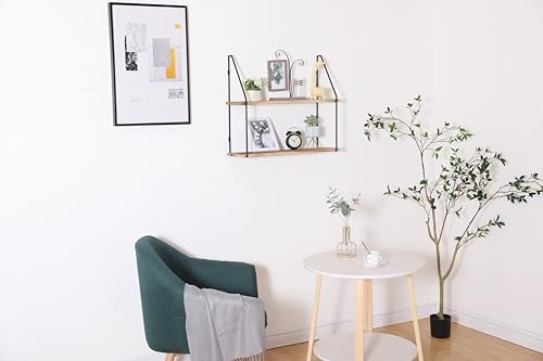 Floating Shelf with Metal Brackets Wall Mounted Rustic Wood Wall Storage Decorative Hanging Display for Trophy Photo Frames Collectibles and Much More 2-Tier – Natural Wood