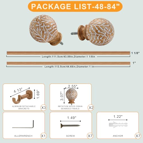 1-1/8 Inch Diameter Wood Curtain Rods for Windows 48 to 84 inch - Adjustable Seamless Aluminum Bracket - Heavy-Duty Boho Curtain Rods with Seaweed Finial - Brown Wood Grain - color: Light Wood Grain, size: 48-84"