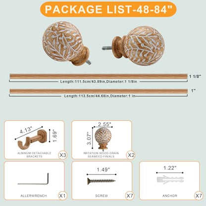 1-1/8 Inch Diameter Wood Curtain Rods for Windows 48 to 84 inch - Adjustable Seamless Aluminum Bracket - Heavy-Duty Boho Curtain Rods with Seaweed Finial - Brown Wood Grain - color: Light Wood Grain, size: 48-84"