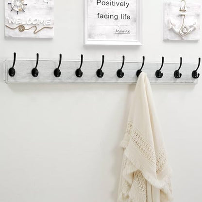 Dseap Wall Mounted Coat Rack: 38-1/4" Long, Patented, Heavy-Duty, 10-Double-Hooks Wooden Hanger Rail for Winter Coats, Hat, Jacket, Clothing - White & Black, Pack of 2 - color: White & Black, size: L=38.3"(2pcs)