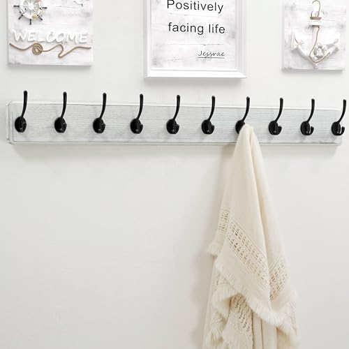 Dseap Coat Rack Wall Mount: 38-1/4" Long, Patented, Heavy-Duty, 10-Double-Hooks Wooden Hanger Rail for Winter Coats Hat Jacket Clothing, White & Black - color: White & Black, size: L=38.3"(1pcs)