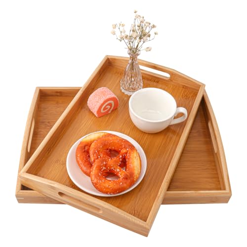 2 PCS Bamboo Serving Tray, 2 Size Nested Breakfast Bed Tray with Handle, Wood Serving Tray for Serving, Breakfast Bed Trays for Eating, Decor, Displaying Cake, Fruit - size: 2 PCS - 2 Sizes