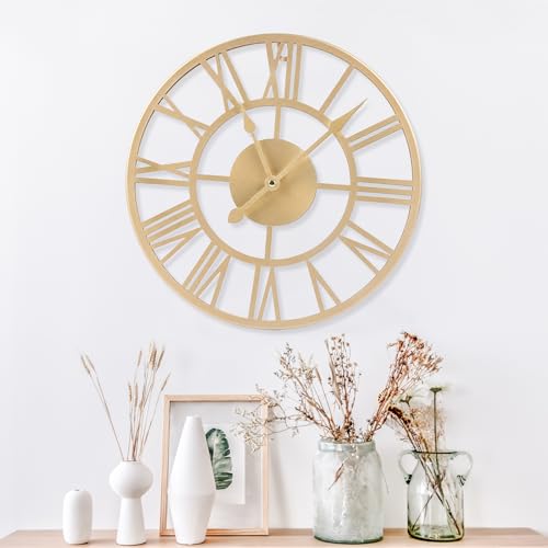 Metal Wall Clock Roman Numerals Battery Operated Decor Clock Silent Non-Ticking Modern Round Wall Clocks for Home, Hotel, Office, Bedroom (Gold, 12inch) - color: Gold, size: 12inch
