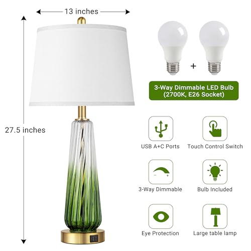 Modern Glass Table Lamps Set of 2, 27.5" Bedside Lamp for Bedroom, Green - color: Green