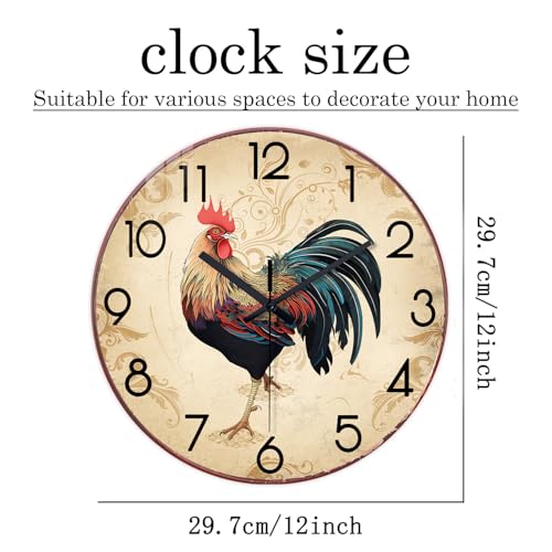 XNM 12 Inch Glass Rooster Wall Clocks Battery Operated - color: Brown Rooster, size: 12 Inch
