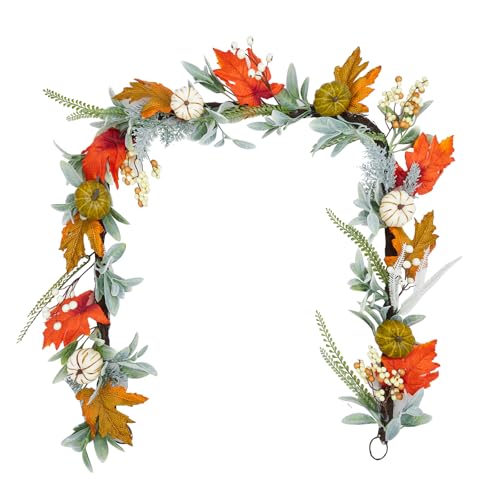 GarveeHome Fall Garland for Mantel, 6 ft Autumn Pumpkin Garland with Maple Leaves for Table Centerpiece Fall Thanksgiving Decorations Indoor Outdoor Fireplace Home Decor
