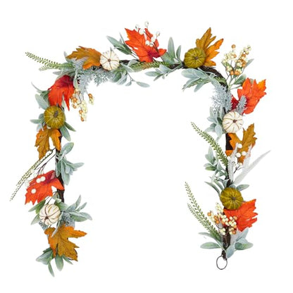GarveeHome Fall Garland for Mantel, 6 ft Autumn Pumpkin Garland with Maple Leaves for Table Centerpiece Fall Thanksgiving Decorations Indoor Outdoor Fireplace Home Decor