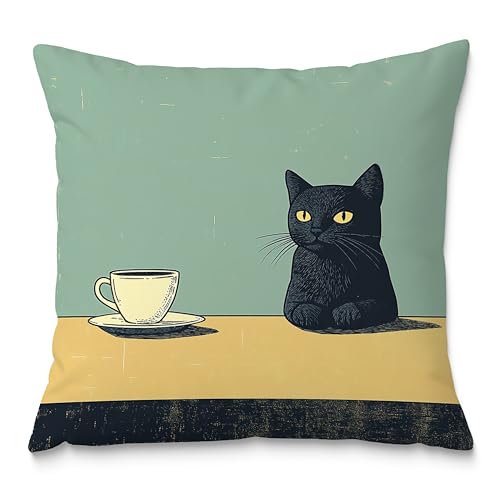 Black Cat Throw Pillow Covers 18x18, Vintage Black Cat Art Painting Decor Pillow Covers, Cats Lovers Mom Grandma Gifts, Aesthetic Cats Drinking Coffee Decor for Room Bedroom - color: Style09