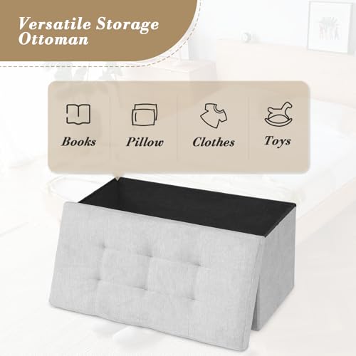 Athena Collection 30" Storage Ottoman Bench Folding Bench with 90L Hidden Storage, Large End of Bed Bench Linen Foot Rest Stool Chest with Flipping Lid for Living Room, Bedroom, Entryway, Light Gray - color: Light Gray, style: 30" Linen