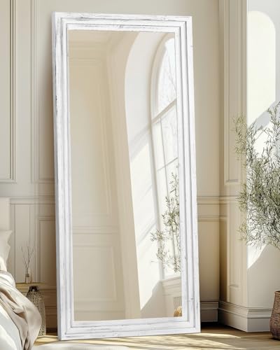 71x30in Full Length Mirror, 3-Tier Stepped Solid Wood Frame, White - color: White, size: 71"L x 30"W