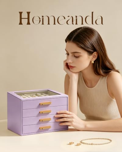 Homeanda Jewelry Boxes Organizer with Glass Lid, 4-Layer PU Leather, Purple - color: Lavender Purple, size: 4 Layer