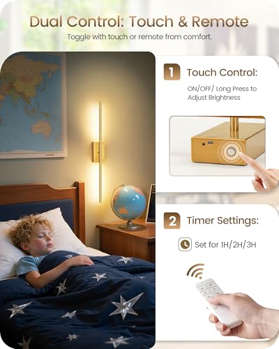 27.6" Wireless Battery Operated Wall Sconces Set of 2, Modern Rechargeable Lamp with Remote, 360° Rotation, 10000mAh, Touch Dimmable Lights for Bedroom, Living Room, Hallway, Gold D06YBP205 - color: Gold, size: 27.6 Inches