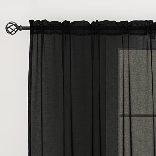 MYSTIC-HOME Window Curtains Black Sheer 90 Inches Long 2 Panels Tulle for Bedroom Panel Sets Rod Pocket Living Room Kitchen Yard 52 W x L - color: Black, size: 52"W x 90"L (Pack of 2)