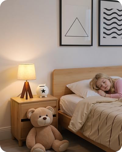 Tripod Table Lamps Set of 2, Small Bedside Lamps, Modern Nightstand Lamp with Dark Pearwood Base & Beige Shade, Boho Desk Light for Bedroom, Kids Room, Living Room, Office, Study, LE51TLP205 - color: 2Pack Beige+Pearwood