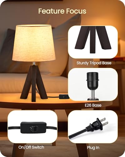 Small Table Lamp for Bedroom, 14.6" Bedside Lamp with Beige Linen Shade & Walnut Wood Tripod Base, Modern Nightstand Lamp for Living Room, Nursery, Entryway, E26 Socket, VE51TL05 - color: Beige+Dark Walnut