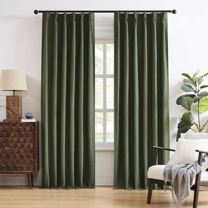 Olive Dark Green Pinch Pleated Curtains 84 Inches Long Burg,Back Tab with Hooks, Cooling Heat Reflective Linen Drapes for Bedroom Track System(2 Panels W40 xL84) - color: Olive Green, size: 40"W x 84"L (Pack of 2)