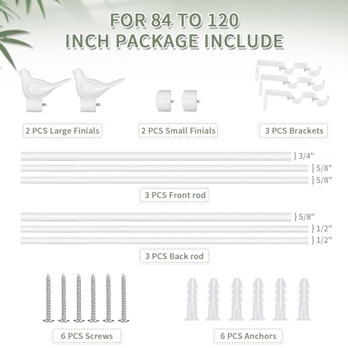 3/4" Diameter Farmhouse Double Window Treatment Curtain Rod, Bird Finials (84"-120", Glossy White) - color: Glossy White, size: 84"-120"
