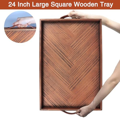 SXNOWS Wooden Serving Tray with Leather Handles, 24x16 in - size: 24" x 16" x 1.6"