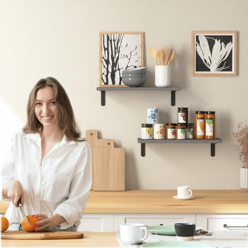 RICHER HOUSE Rustic Wood Floating Shelves, 2-Set Wall Mounted Shelves, 16In - color: Grey