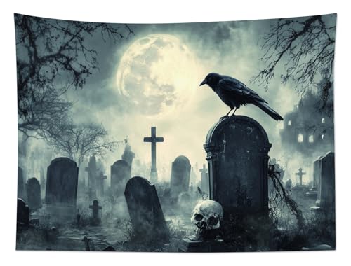 HVEST Halloween Tapestry Wall Hanging Horror Tombstone and Scary Skull in Cemetery Wall Art Spooky Dead Tree and Crow under Full Moon Tapestry for Bedroom Living Room Dorm Wall Decor, 40L X 60W inches - color: Gray, size: 40"L x 60"W