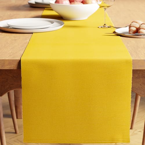 Encasa XO Table Runner, Yarn Dyed Ribbed Cotton 13"x72" - color: Yellow, size: 13x72 in