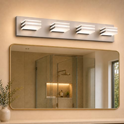 4-Light Brushed Nickel Bathroom Vanity Light, 27 Inch 32W 5CCT Dimmable LED Wall Fixture, Hardwired Over Mirror Lighting with Clear Acrylic Shade for Bathroom Remodel - color: Brushed Nickel-5 Color Temperature, size: 4-Light, 27-Inch
