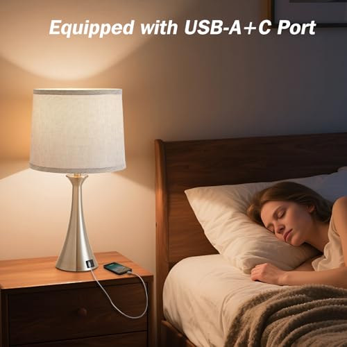 Touch Table Lamps Set of 2, 21" Bedside Lamps with USB C+A, Silver - color: Silver 2pcs