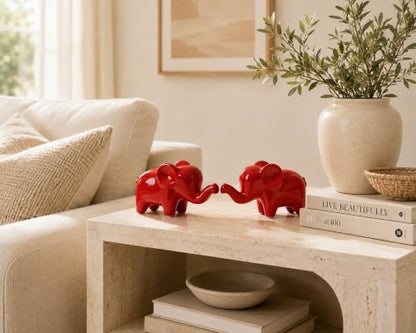 4 Inch Red Ceramic Elephant Figurines Set of 2 - color: Red
