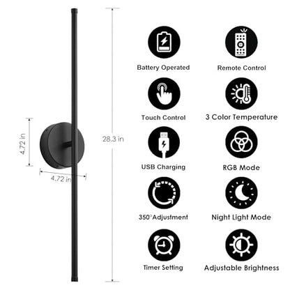KARTOOSH Battery Operated Wall Sconces Set of Two Wireless Wall Lights - color: Black (RGB Colors), size: 28.3 Inches