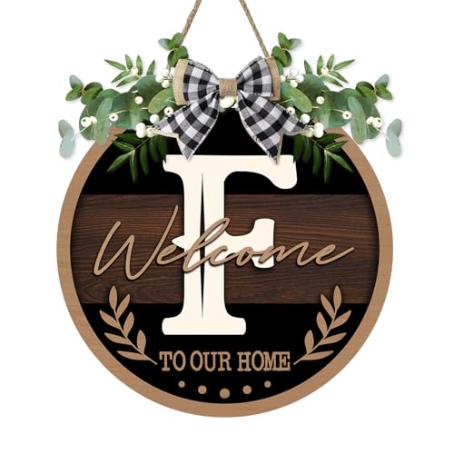 Monogram Letter F Front Door Sign, Welcome to Our Home Family Last - color: F