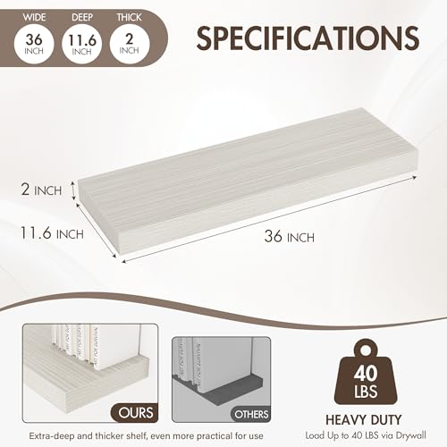 Acovy 36 Inch Floating Shelves, 12" Deep Floating Shelf Wall Mounted, 36" Wall Shelves, Rustic Deep Bookshelf, Extra Deeper & Thicker Display Shelves for Bedroom, Living Room, Gray, Set of 2 - color: Grey, size: 12"Wx36"L-2pcs