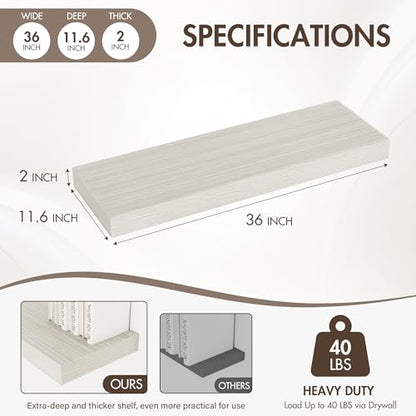 Acovy 36 Inch Floating Shelves, 12" Deep Floating Shelf Wall Mounted, 36" Wall Shelves, Rustic Deep Bookshelf, Extra Deeper & Thicker Display Shelves for Bedroom, Living Room, Gray, Set of 2 - color: Grey, size: 12"Wx36"L-2pcs
