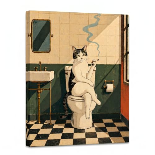 KVLMIJO Funny Cat Bathroom Decor 12x16 Black and White Cat Canvas Wall Art | Retro restroom decor, frameless bathroom wall decor for toilet room, powder room and cat lover gift. - color: The Bathroom Philosopher