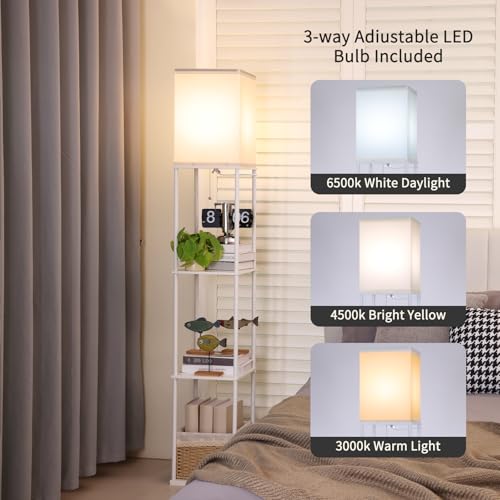 Gupuzm Floor Lamp with Shelves, Modern Square Standing Lamp with 3 Color Temperature Bulb, Corner Display Bookshelf Lamp for Living Room, Bedroom and Office（White） - color: white-9