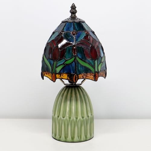 Tiffany Stained Glass Mushroom Table Lamp 12.5 Inch -Blue Red Tulips - color: Blue Red Tulips