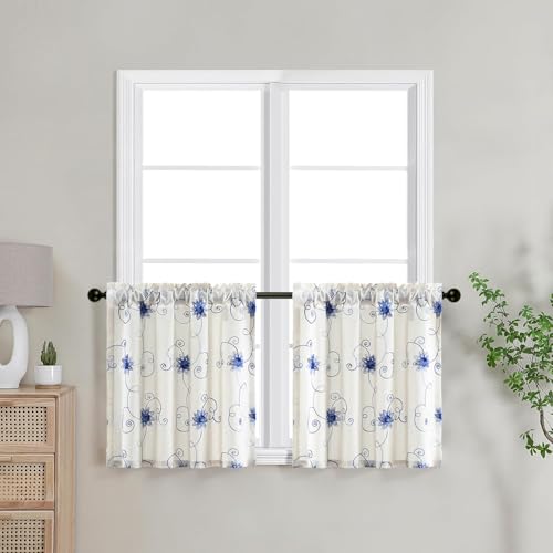 VOGOL Blue Floral Vine Kitchen Tier Curtains, 30 x 24 Inches, 2 Panels - color: Hy-blue, size: 30"W x 24"L (Pack of 2)