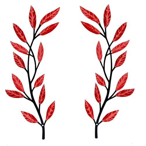 AHYS Metal Tree Leaf Wall Decor 2 PCS Rustic Vine Branch Leaf Wall Art for Living Room Bedroom Bathroom Decorations - Red - color: Red