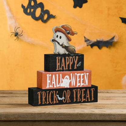 Smile 4 Pcs Wooden Blocks Signs, Happy Halloween Indoor Decorations, Trick or Treat Farm Decor Spooky Rustic for Home Table Shelf and Kitchen - style: Halloween Spooky