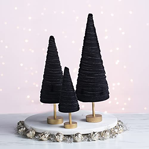 Black Pedestal Velvet Trees Set of 3, Minimalist Mantel, Gothic, Classic Valentine Tabletop, Wedding Centerpiece, Cozy Handcrafted Gift for (Black) - color: Black