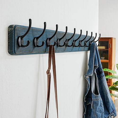 Dseap Coat Rack Wall: 38-1/4" Long, Patented, Heavy-Duty, 10-Double-Hooks Wooden Wall Mounted Coat Rack Coat Hanger Hook Rail for Winter Coats Hat Jacket Clothing, Weathered Blue, Pack of 2 - color: Weathered Blue & Black, size: L=38.3"(2pcs)