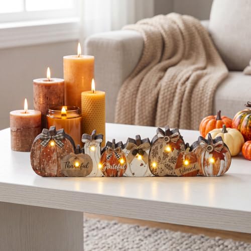 Yousoontic Fall Table Decorations, Light up Pumpkin Table Centerpieces Rustic Wooden Sign Decor with LED Lights 3D Block Pumpkin Decor for Autumn Thanksgiving Harvest Farmhouse Home Mantel Desk Party - style: Rustic Pumpkin