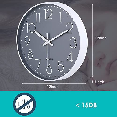 jomparis Wall Clock 12 Inch Non-Ticking Silent Battery Operated Round Wall Clock Modern Elegant Simple Style Clock for Home Office Kitchen Bedroom Living Room - color: 1 Pack - Gray, size: 12 Inch