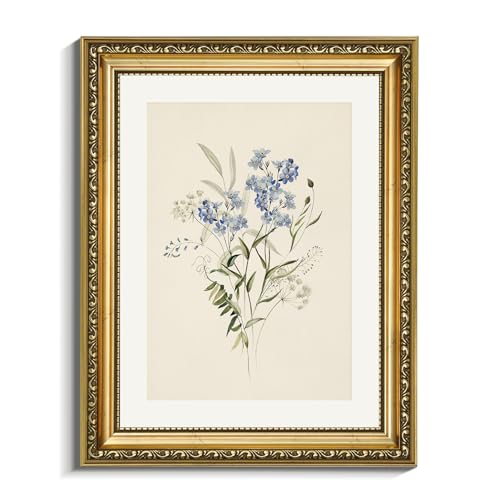 VIYYIEA Gold Framed Botanical Wall Art Decor, 11x14 Inches, Vintage Blue Wildflower Floral Canvas Print, Framed Botanical Artwork for Bedroom Bathroom Living Room, Farmhouse Cottagecore Home Decor - color: Watercolor Blue Flowers, size: 14"L x 11"W