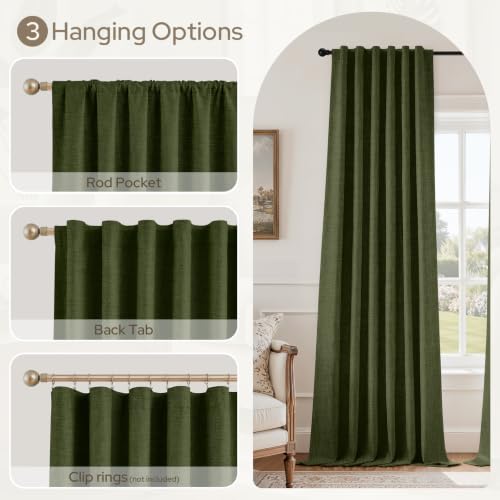 HOMEIDEAS 100% Blackout Olive Green Faux Linen Curtains 63''L 2 Panels - color: Olive Green, size: 52"W x 63"L (Pack of 2)