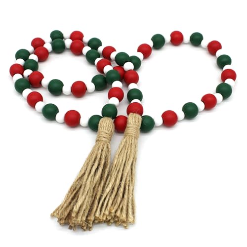 CVHOMEDECO. Wood Beads Garland with Tassels Farmhouse Rustic Wooden Prayer Bead String Wall Hanging Accent for Home Festival Decor. Black Grey Mix Distressed - color: Red Green Mix Distressed